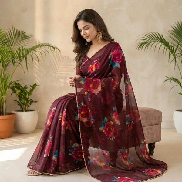 Burgundy_Floral_Georgette_Saree_With_Heavy_Border_&_Blouse_Piece