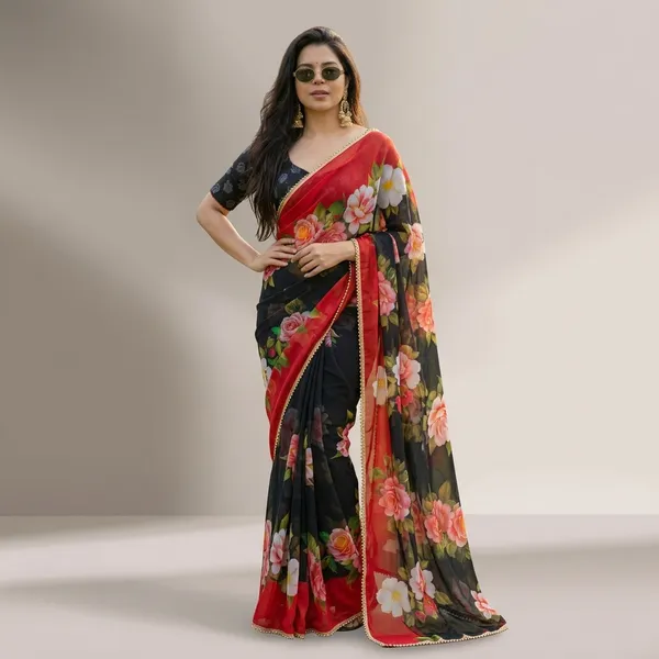 Crimson_Rose_Black_Floral_Georgette_Saree_With_Heavy_Border_&_Blouse_Piece