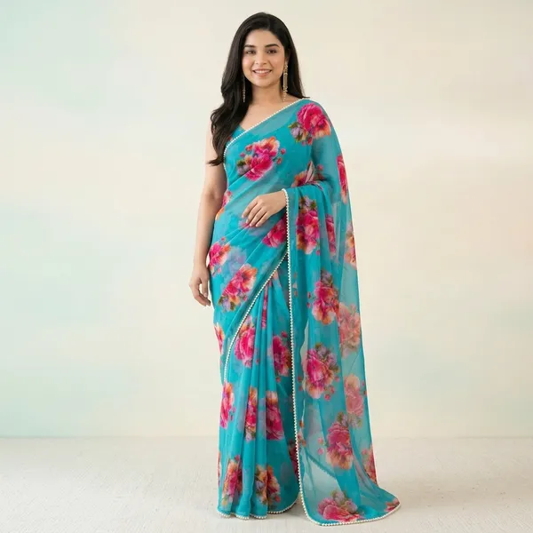 Aqua_Blue_Floral_Georgette_Saree_With_Heavy_Border_&_Blouse_Piece