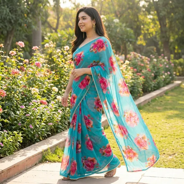 Aqua_Blue_Floral_Georgette_Saree_With_Heavy_Border_&_Blouse_Piece