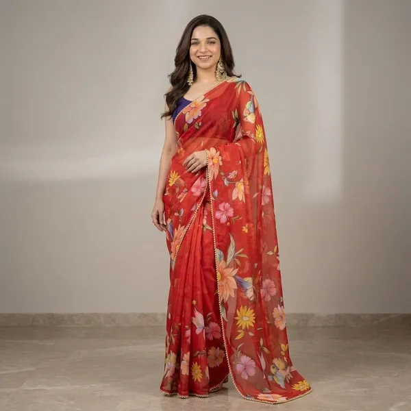Fiery_Red_Floral_Georgette_Saree_With_Heavy_Border_&_Blouse_Piece