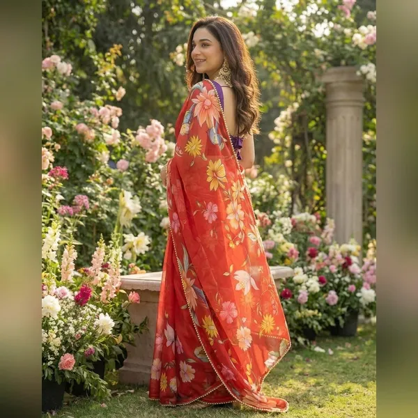 Fiery_Red_Floral_Georgette_Saree_With_Heavy_Border_&_Blouse_Piece