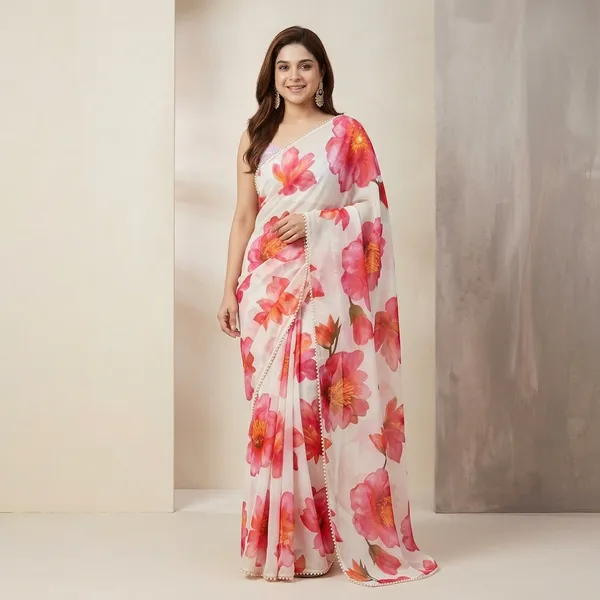 Off_White_Floral_Georgette_Saree_With_Heavy_Border_&_Blouse_Piece