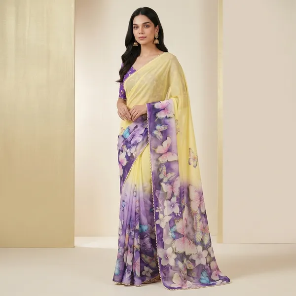 Yellow_And_Purple_Ombre_Floral_Georgette_Saree_With_Heavy_Border_&_Blouse_Piece