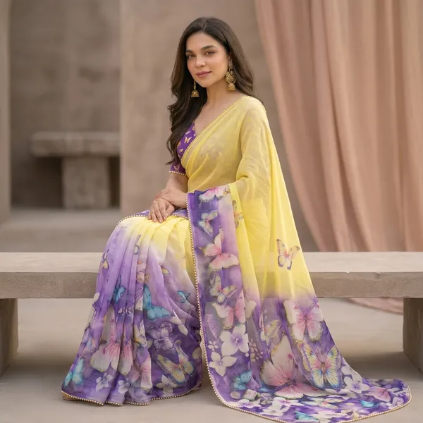 Yellow_And_Purple_Ombre_Floral_Georgette_Saree_With_Heavy_Border_&_Blouse_Piece