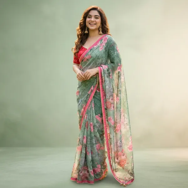 Olive_Green_Floral_Georgette_Saree_With_Heavy_Border_&_Blouse_Piece