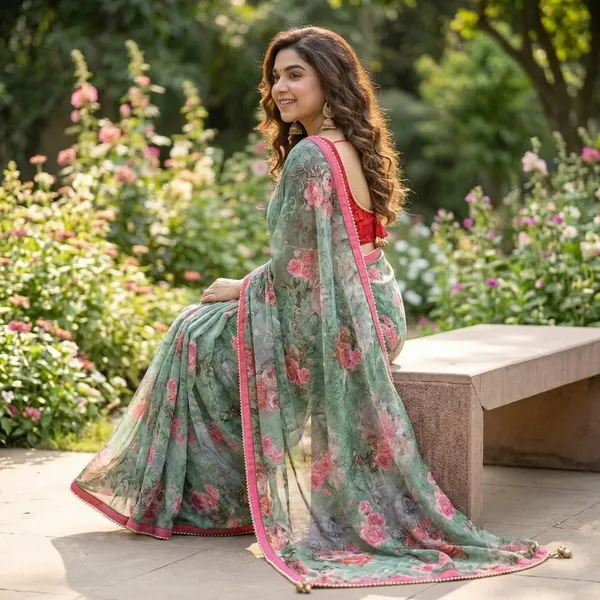 Olive_Green_Floral_Georgette_Saree_With_Heavy_Border_&_Blouse_Piece