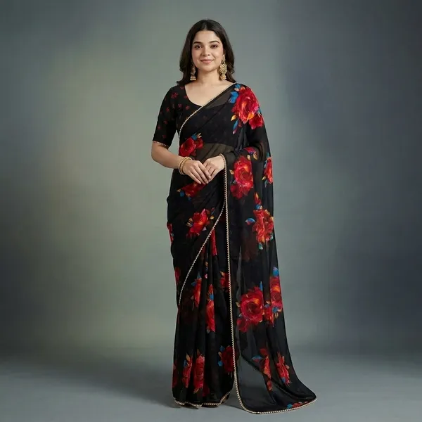 Black_Floral_Georgette_Saree_With_Heavy_Border_&_Blouse_Piece