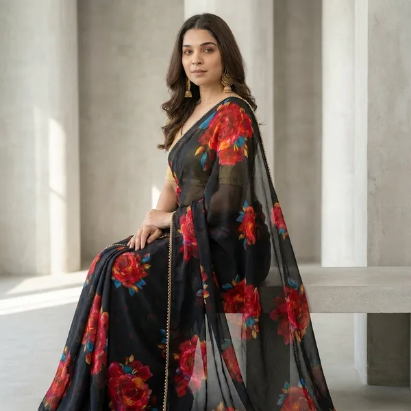 Black_Floral_Georgette_Saree_With_Heavy_Border_&_Blouse_Piece