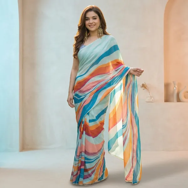 Pastel_Waves_Striped_Georgette_Saree_With_Heavy_Border_&_Blouse_Piece