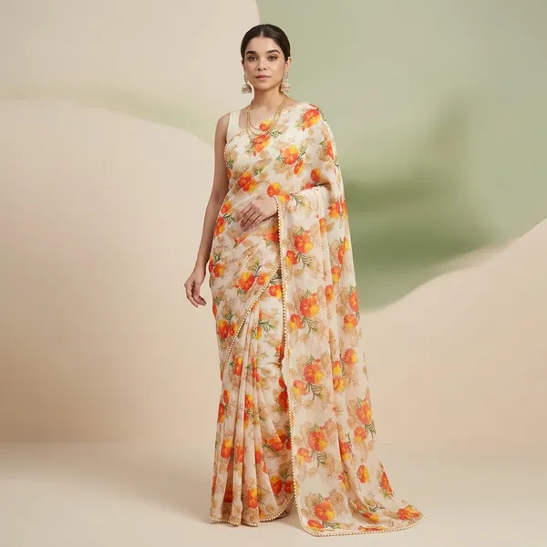 Cream_Floral_Georgette_Saree_With_Heavy_Border_&_Blouse_Piece