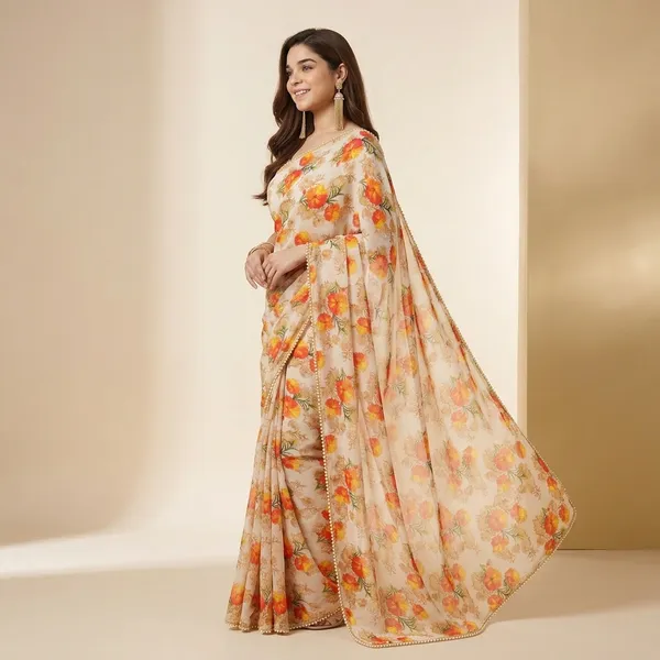 Cream_Floral_Georgette_Saree_With_Heavy_Border_&_Blouse_Piece