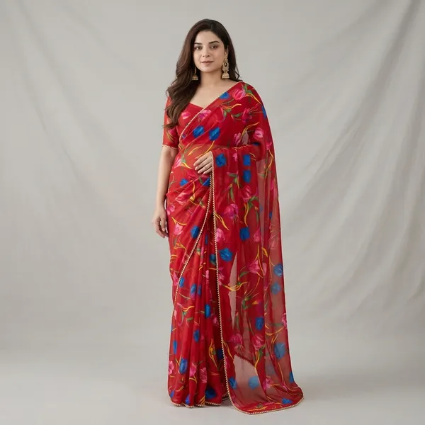 Ruby_Red_Floral_Georgette_Saree_With_Heavy_Border_&_Blouse_Piece