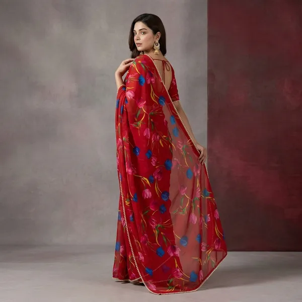 Ruby_Red_Floral_Georgette_Saree_With_Heavy_Border_&_Blouse_Piece