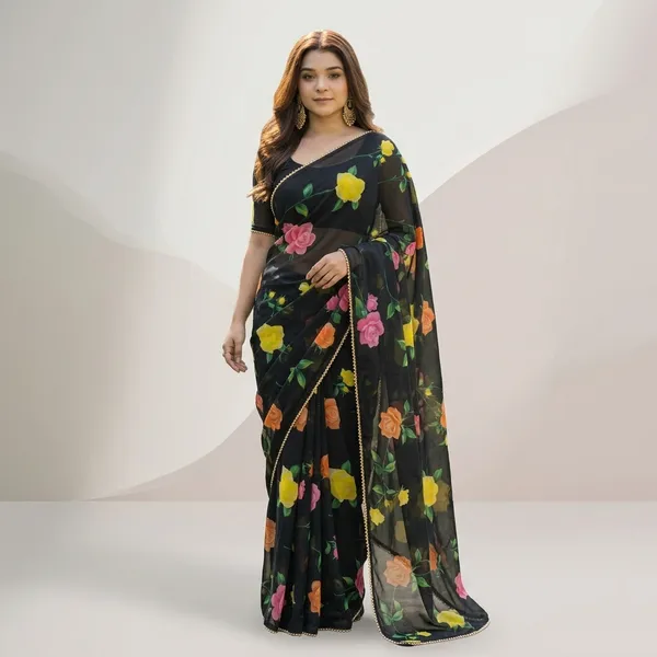 Black_Floral_Georgette_Saree_With_Heavy_Border_&_Blouse_Piece