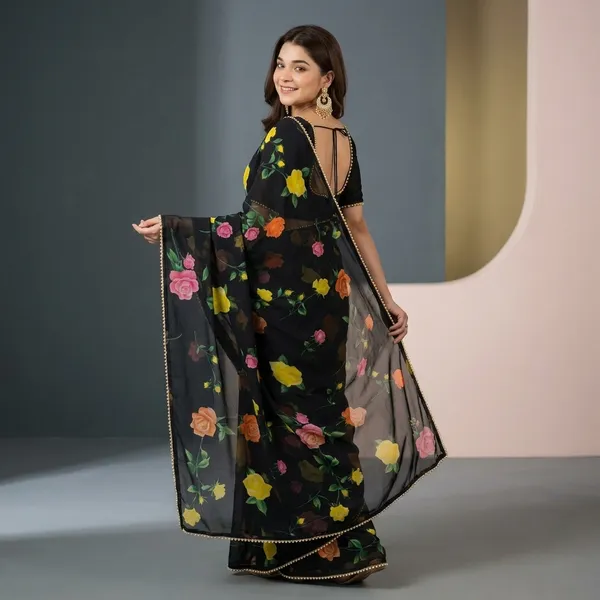 Black_Floral_Georgette_Saree_With_Heavy_Border_&_Blouse_Piece