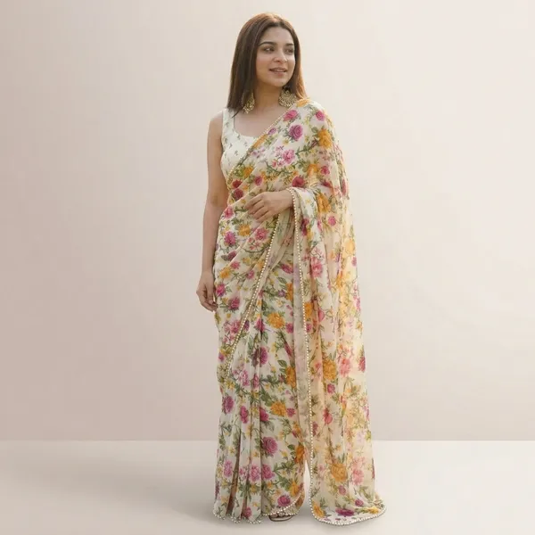 Ivory_Floral_Georgette_Saree_With_Heavy_Border_&_Blouse_Piece