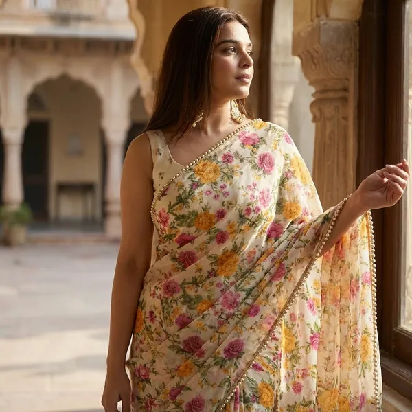 Ivory_Floral_Georgette_Saree_With_Heavy_Border_&_Blouse_Piece