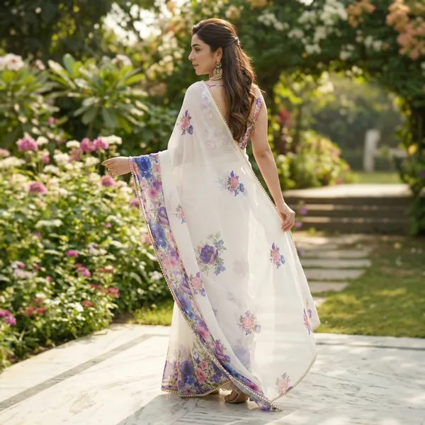 White_Floral_Georgette_Saree_With_Heavy_Border_&_Blouse_Piece