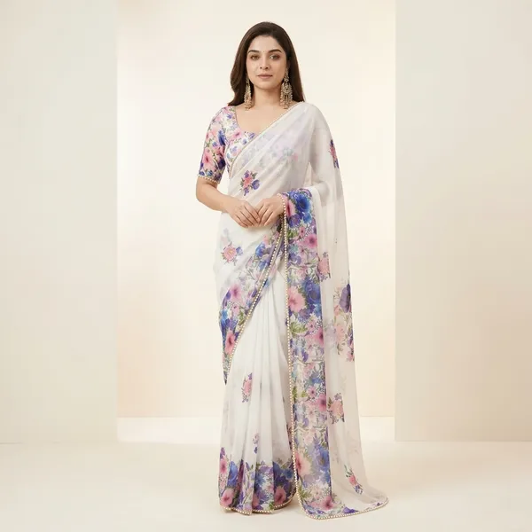 White_Floral_Georgette_Saree_With_Heavy_Border_&_Blouse_Piece