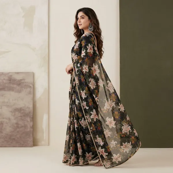 Charcoal_Black_Floral_Georgette_Saree_With_Heavy_Border_&_Blouse_Piece