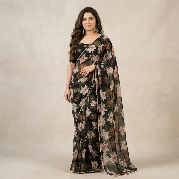 Charcoal_Black_Floral_Georgette_Saree_With_Heavy_Border_&_Blouse_Piece