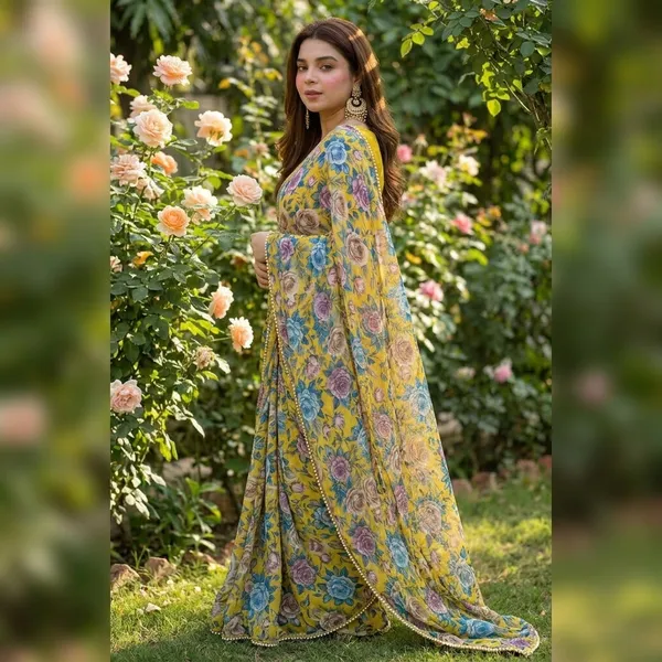 Pastel_Yellow_Floral_Georgette_Saree_With_Heavy_Border_&_Blouse_Piece