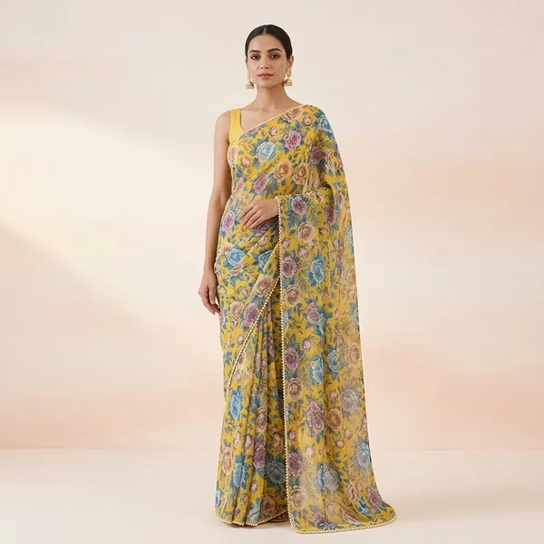 Pastel_Yellow_Floral_Georgette_Saree_With_Heavy_Border_&_Blouse_Piece