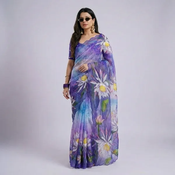 Indigo_Purple_Floral_Georgette_Saree_With_Delicate_Hand_Work_&_Blouse_Piece
