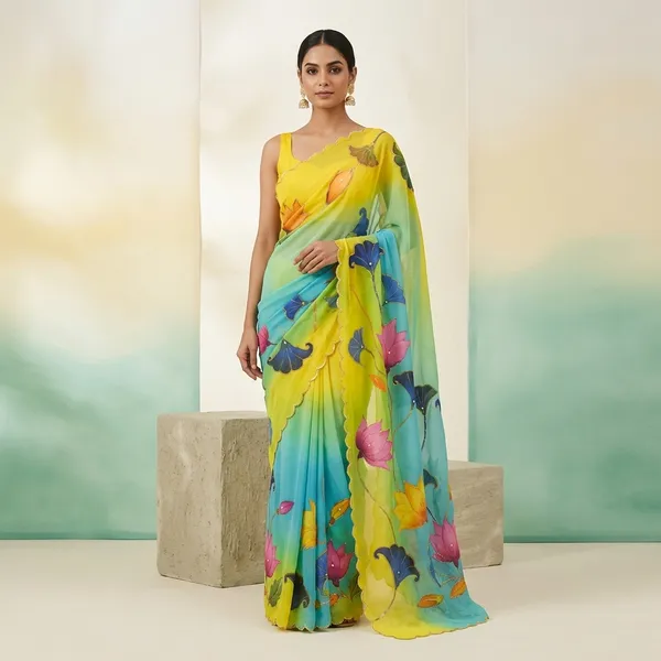 Yellow_And_Green_Ombre_Floral_Georgette_Saree_With_Delicate_Hand_Work_&_Blouse_Piece