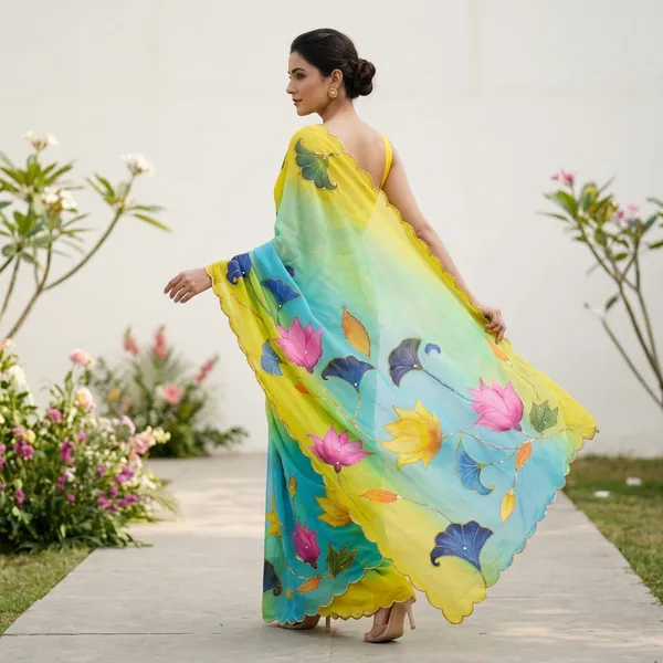 Yellow_And_Green_Ombre_Floral_Georgette_Saree_With_Delicate_Hand_Work_&_Blouse_Piece