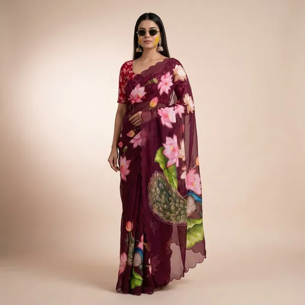 Wine_Floral_Print_Georgette_Saree_With_Delicate_Hand_Work_&_Blouse_Piece