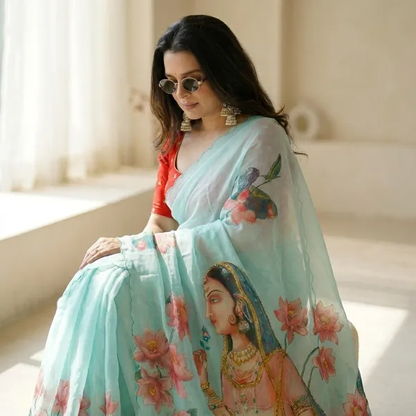 Powder_Blue_Anarkali_Print_Georgette_Saree_With_Delicate_Hand_Work_&_Blouse_Piece