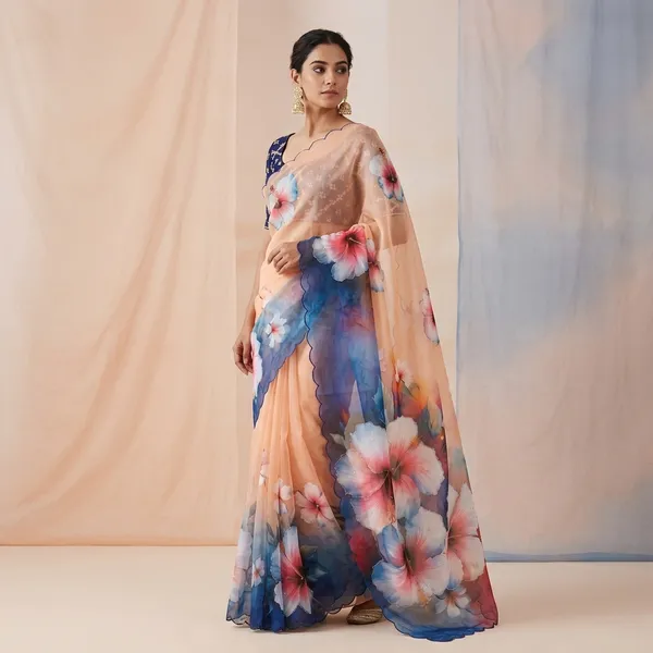 Peach_And_Blue_Floral_Georgette_Saree_With_Delicate_Hand_Work_&_Blouse_Piece