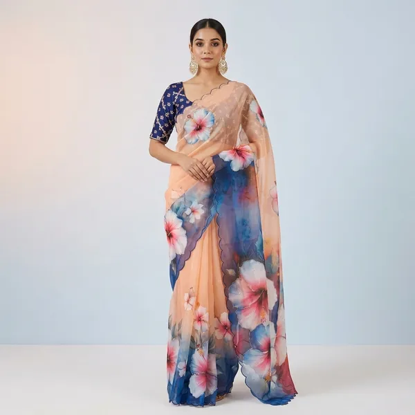 Peach_And_Blue_Floral_Georgette_Saree_With_Delicate_Hand_Work_&_Blouse_Piece