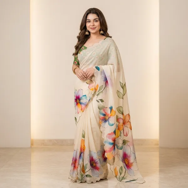 Off_White_Floral_Georgette_Saree_With_Delicate_Hand_Work_&_Blouse_Piece