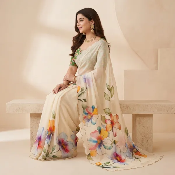 Off_White_Floral_Georgette_Saree_With_Delicate_Hand_Work_&_Blouse_Piece