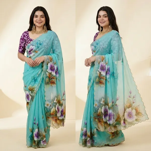 Sea_Green_Floral_Georgette_Saree_With_Delicate_Hand_Work_&_Blouse_Piece