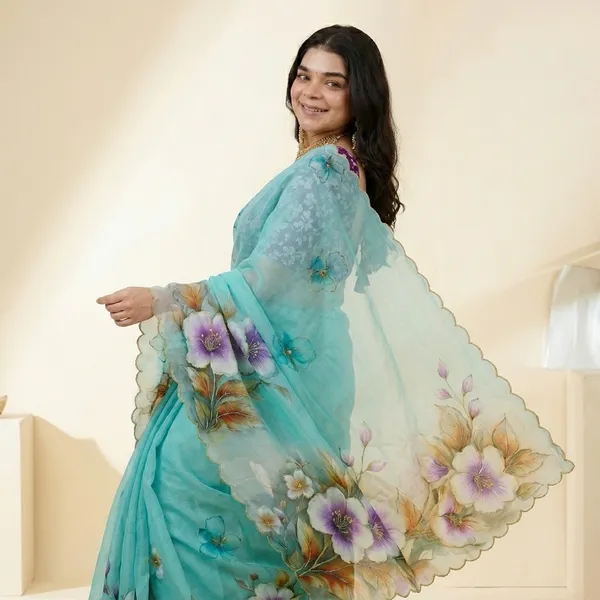 Sea_Green_Floral_Georgette_Saree_With_Delicate_Hand_Work_&_Blouse_Piece