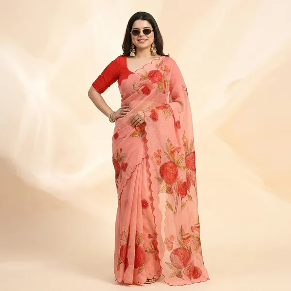 Salmon_Pink_Floral_Georgette_Saree_With_Delicate_Hand_Work_&_Blouse_Piece