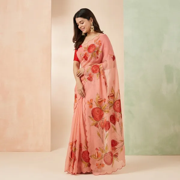 Salmon_Pink_Floral_Georgette_Saree_With_Delicate_Hand_Work_&_Blouse_Piece
