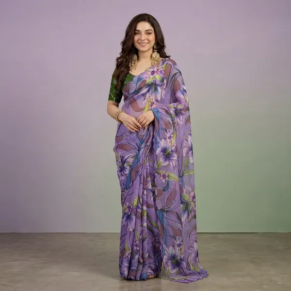 Lavender_Wine_Floral_Georgette_Saree_With_Delicate_Hand_Work_&_Blouse_Piece