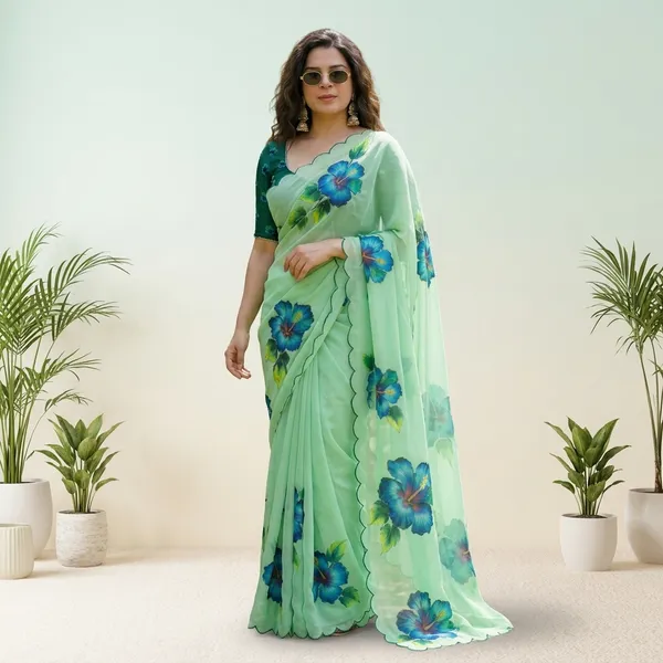 Mint_Green_Floral_Georgette_Saree_With_Delicate_Hand_Work_&_Blouse_Piece