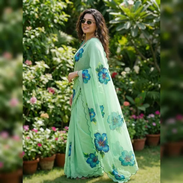 Mint_Green_Floral_Georgette_Saree_With_Delicate_Hand_Work_&_Blouse_Piece