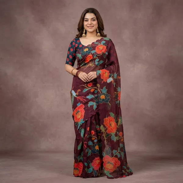 Maroon_Floral_Georgette_Saree_With_Delicate_Hand_Work_&_Blouse_Piece