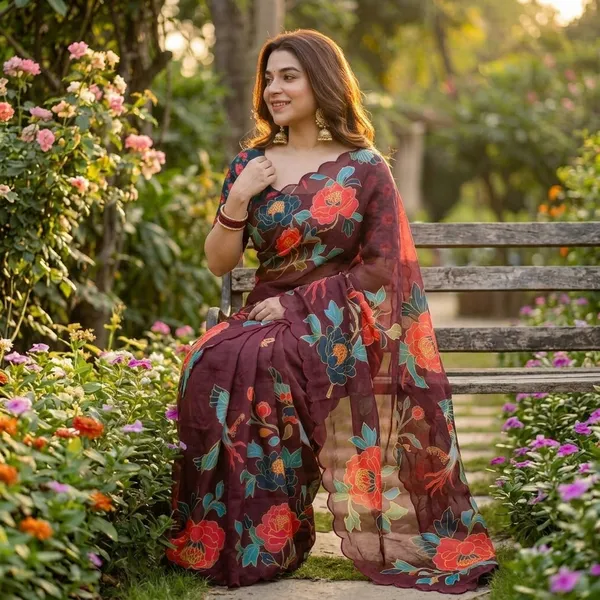 Maroon_Floral_Georgette_Saree_With_Delicate_Hand_Work_&_Blouse_Piece