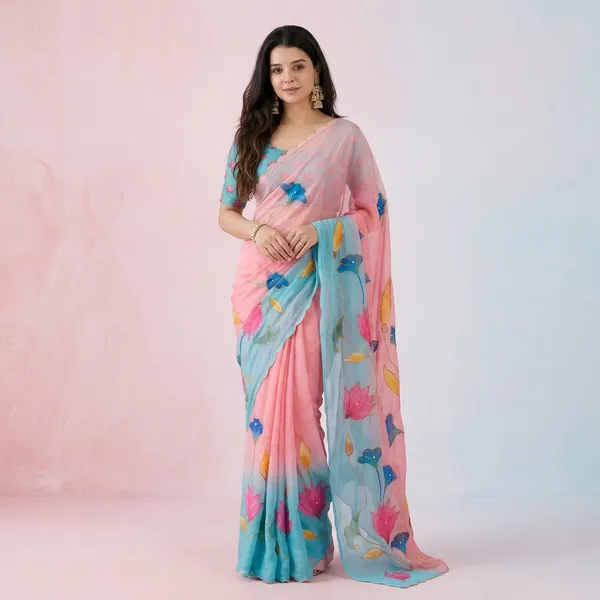 Lotus_Pink_And_Blue_Floral_Georgette_Saree_With_Delicate_Hand_Work_&_Blouse_Piece