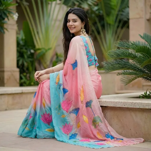 Lotus_Pink_And_Blue_Floral_Georgette_Saree_With_Delicate_Hand_Work_&_Blouse_Piece