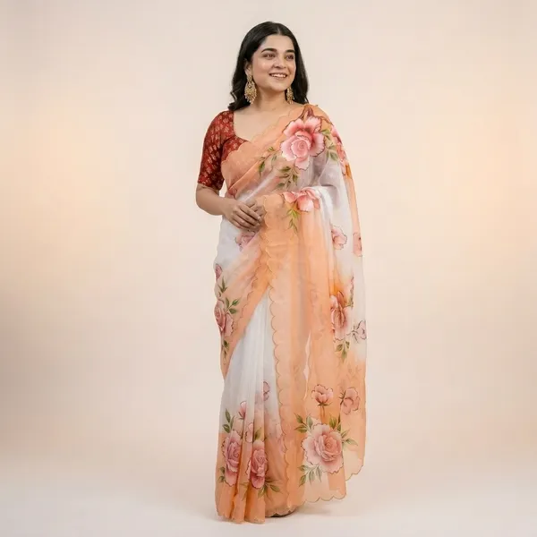 White_And_Peach_Floral_Georgette_Saree_With_Delicate_Hand_Work_&_Blouse_Piece