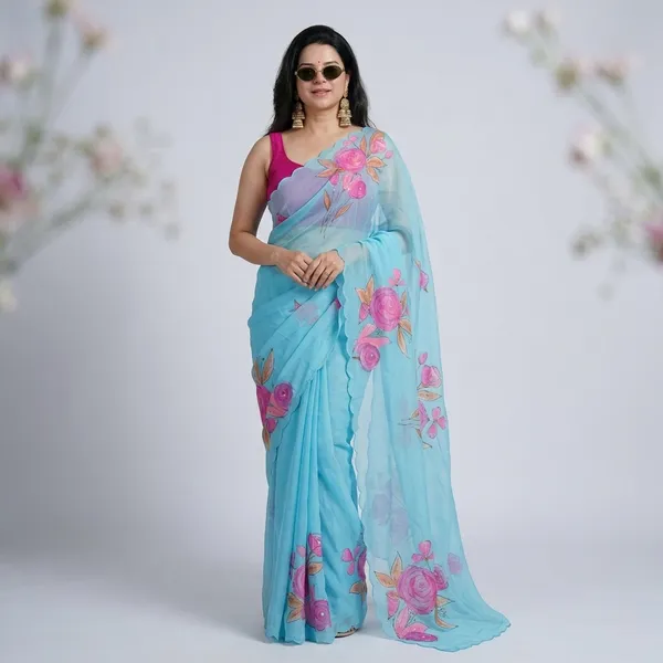Sky_Blue_Floral_Georgette_Saree_With_Delicate_Hand_Work_&_Blouse_Piece